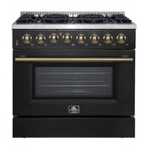 FORNO Galiano 36" 5.36 cu. ft. Dual Fuel Range with 6 Sealed Burners in Black with Antique Brass Accents, FFSGS6156-36BLK