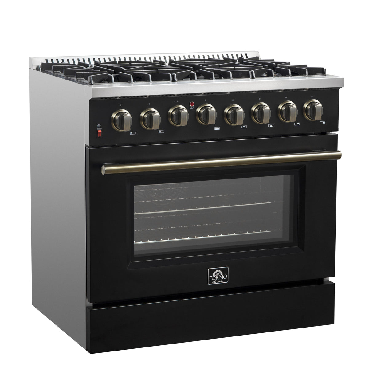 FORNO Galiano 36" 5.36 cu. ft. Dual Fuel Range with 6 Sealed Burners in Black with Antique Brass Accents, FFSGS6156-36BLK