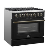 FORNO Galiano 36" 5.36 cu. ft. Dual Fuel Range with 6 Sealed Burners in Black with Antique Brass Accents, FFSGS6156-36BLK