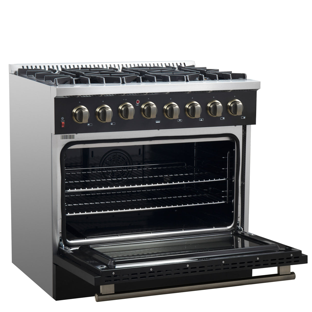 FORNO Galiano 36" 5.36 cu. ft. Dual Fuel Range with 6 Sealed Burners in Black with Antique Brass Accents, FFSGS6156-36BLK