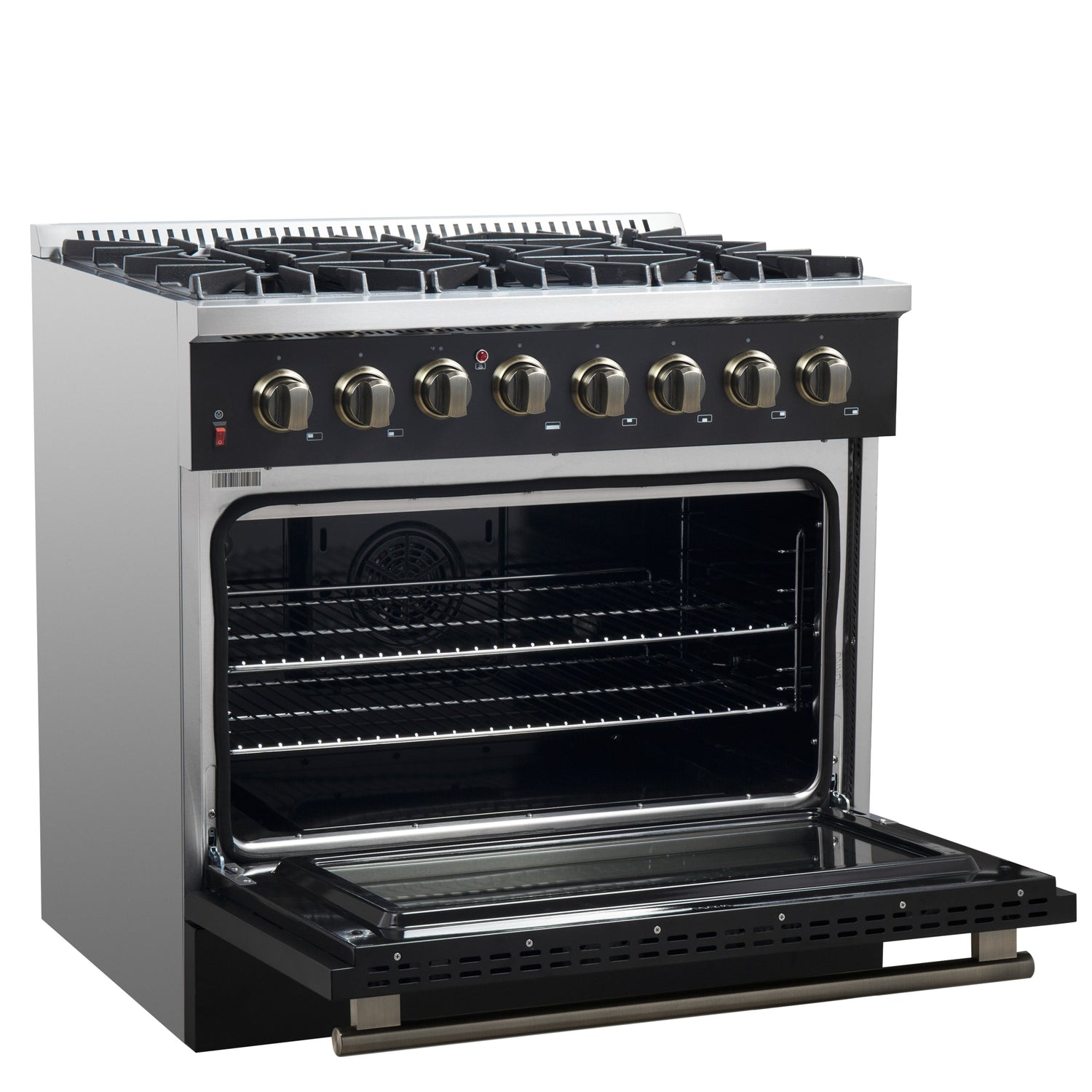 FORNO Galiano 36" 5.36 cu. ft. Dual Fuel Range with 6 Sealed Burners in Black with Antique Brass Accents, FFSGS6156-36BLK