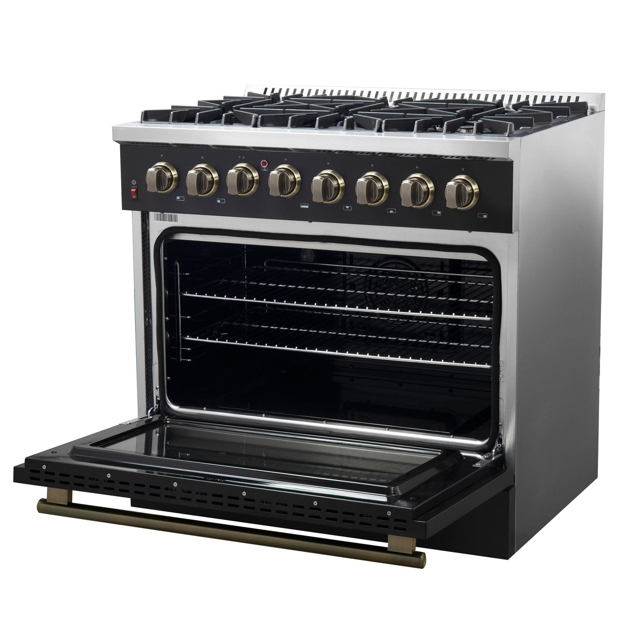 FORNO Galiano 36" 5.36 cu. ft. Dual Fuel Range with 6 Sealed Burners in Black with Antique Brass Accents, FFSGS6156-36BLK