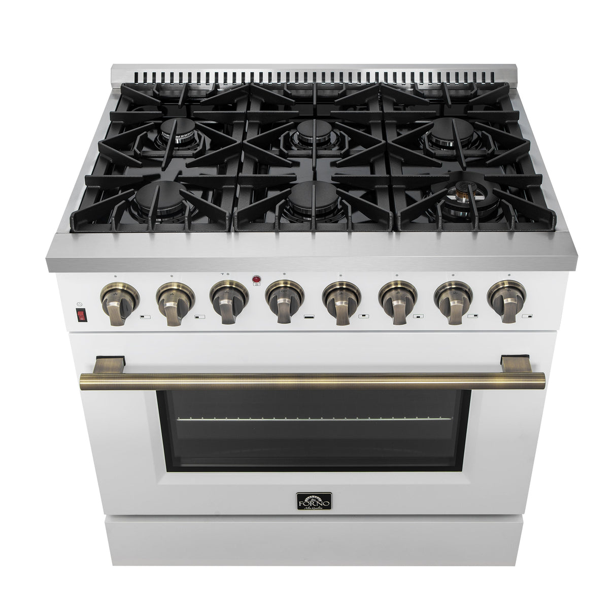 FORNO Galiano 36" 5.36 cu. ft. Dual Fuel Range with 6 Sealed Burners in White with Antique Brass Accents, FFSGS6156-36WHT