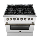 FORNO Galiano 36" 5.36 cu. ft. Dual Fuel Range with 6 Sealed Burners in White with Antique Brass Accents, FFSGS6156-36WHT
