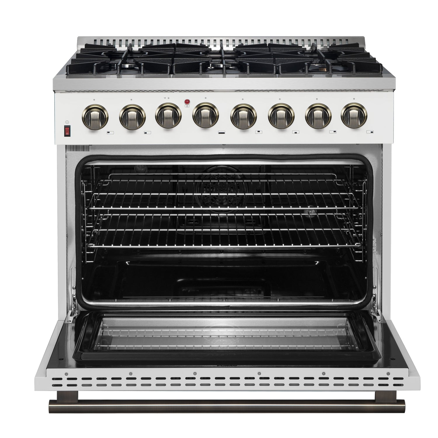 FORNO Galiano 36" 5.36 cu. ft. Dual Fuel Range with 6 Sealed Burners in White with Antique Brass Accents, FFSGS6156-36WHT