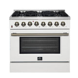 FORNO Galiano 36" 5.36 cu. ft. Dual Fuel Range with 6 Sealed Burners in White with Antique Brass Accents, FFSGS6156-36WHT