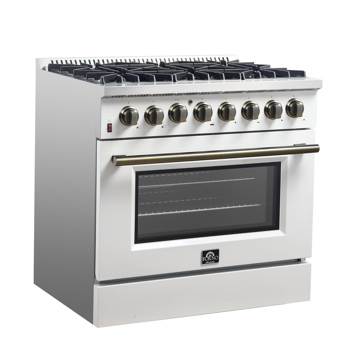 FORNO Galiano 36" 5.36 cu. ft. Dual Fuel Range with 6 Sealed Burners in White with Antique Brass Accents, FFSGS6156-36WHT