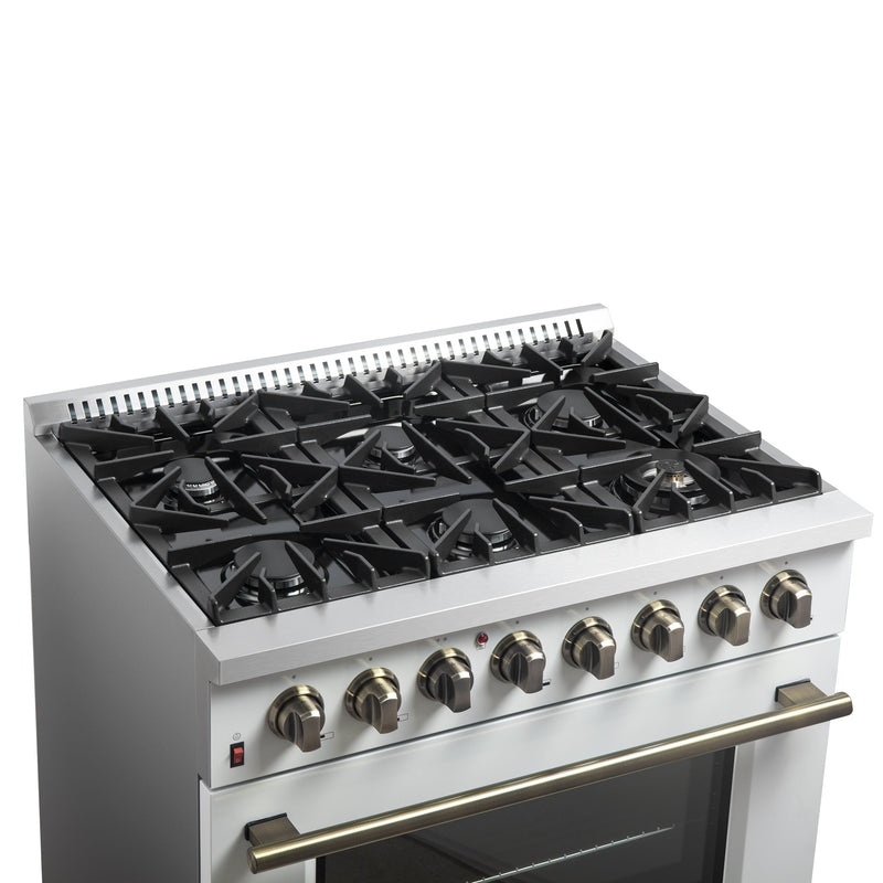 FORNO Galiano 36" 5.36 cu. ft. Dual Fuel Range with 6 Sealed Burners in White with Antique Brass Accents, FFSGS6156-36WHT