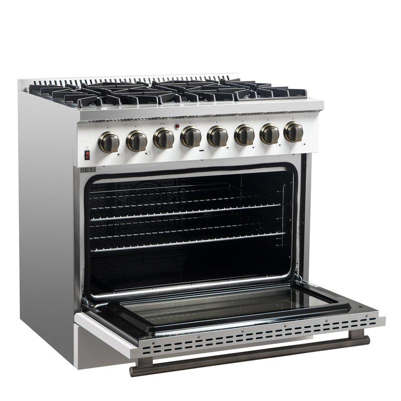 FORNO Galiano 36" 5.36 cu. ft. Dual Fuel Range with 6 Sealed Burners in White with Antique Brass Accents, FFSGS6156-36WHT