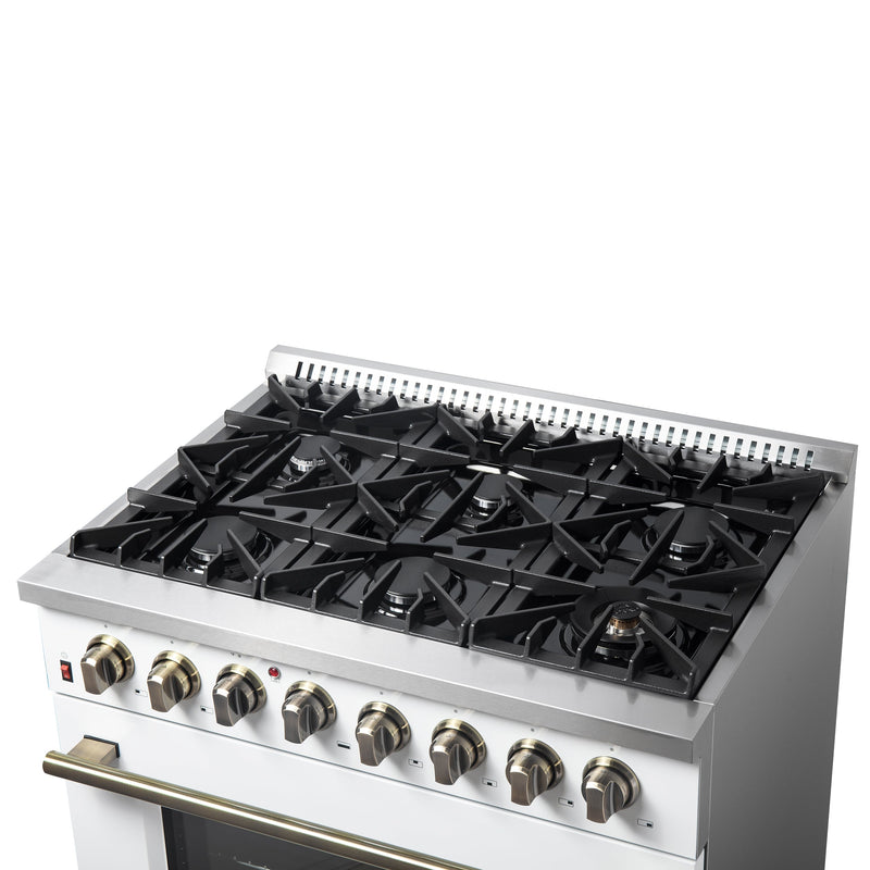FORNO Galiano 36" 5.36 cu. ft. Dual Fuel Range with 6 Sealed Burners in White with Antique Brass Accents, FFSGS6156-36WHT