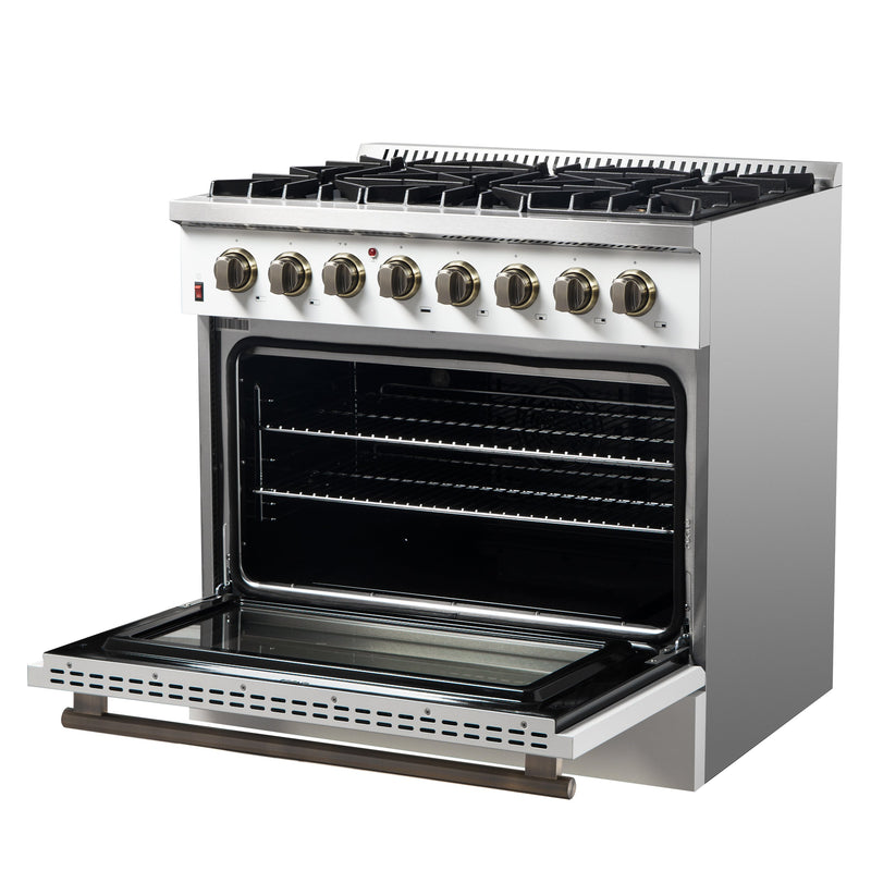 FORNO Galiano 36" 5.36 cu. ft. Dual Fuel Range with 6 Sealed Burners in White with Antique Brass Accents, FFSGS6156-36WHT