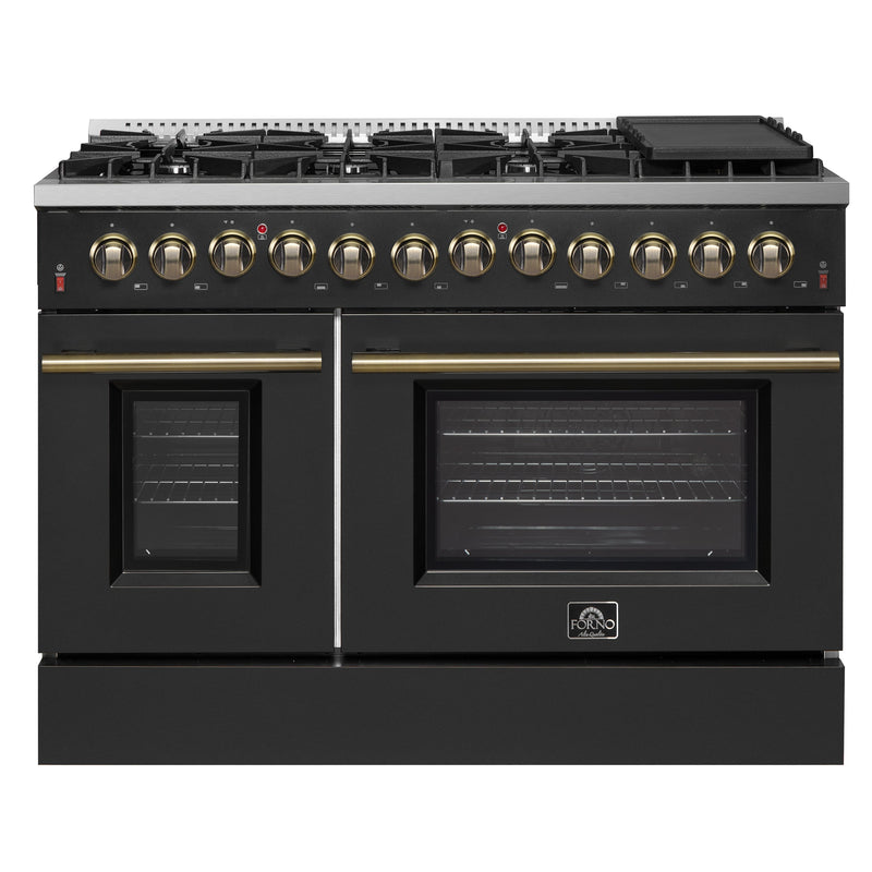 FORNO Galiano 48" 6.58 cu. ft. Dual Fuel Range with 8 Sealed Burners and Griddle in Black with Antique Brass Accents, FFSGS6156-48BLK