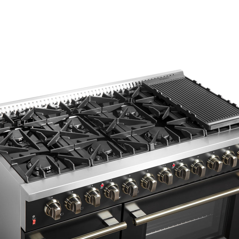 FORNO Galiano 48" 6.58 cu. ft. Dual Fuel Range with 8 Sealed Burners and Griddle in Black with Antique Brass Accents, FFSGS6156-48BLK