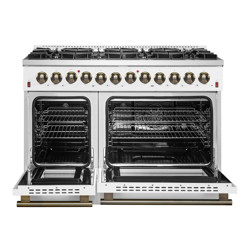 FORNO Galiano 48" 6.58 cu. ft. Dual Fuel Range with 8 Sealed Burners and Griddle in White with Antique Brass Accents, FFSGS6156-48WHT