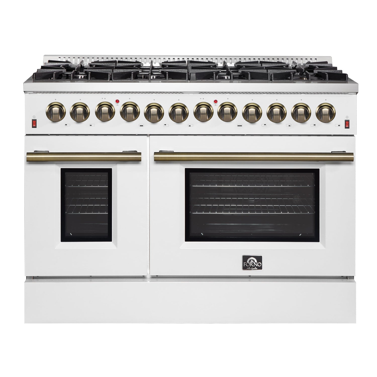 FORNO Galiano 48" 6.58 cu. ft. Dual Fuel Range with 8 Sealed Burners and Griddle in White with Antique Brass Accents, FFSGS6156-48WHT