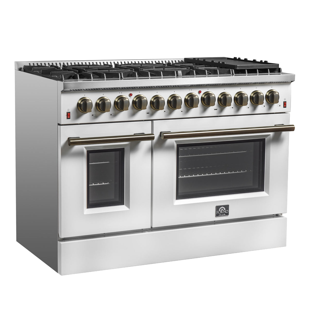 FORNO Galiano 48" 6.58 cu. ft. Dual Fuel Range with 8 Sealed Burners and Griddle in White with Antique Brass Accents, FFSGS6156-48WHT