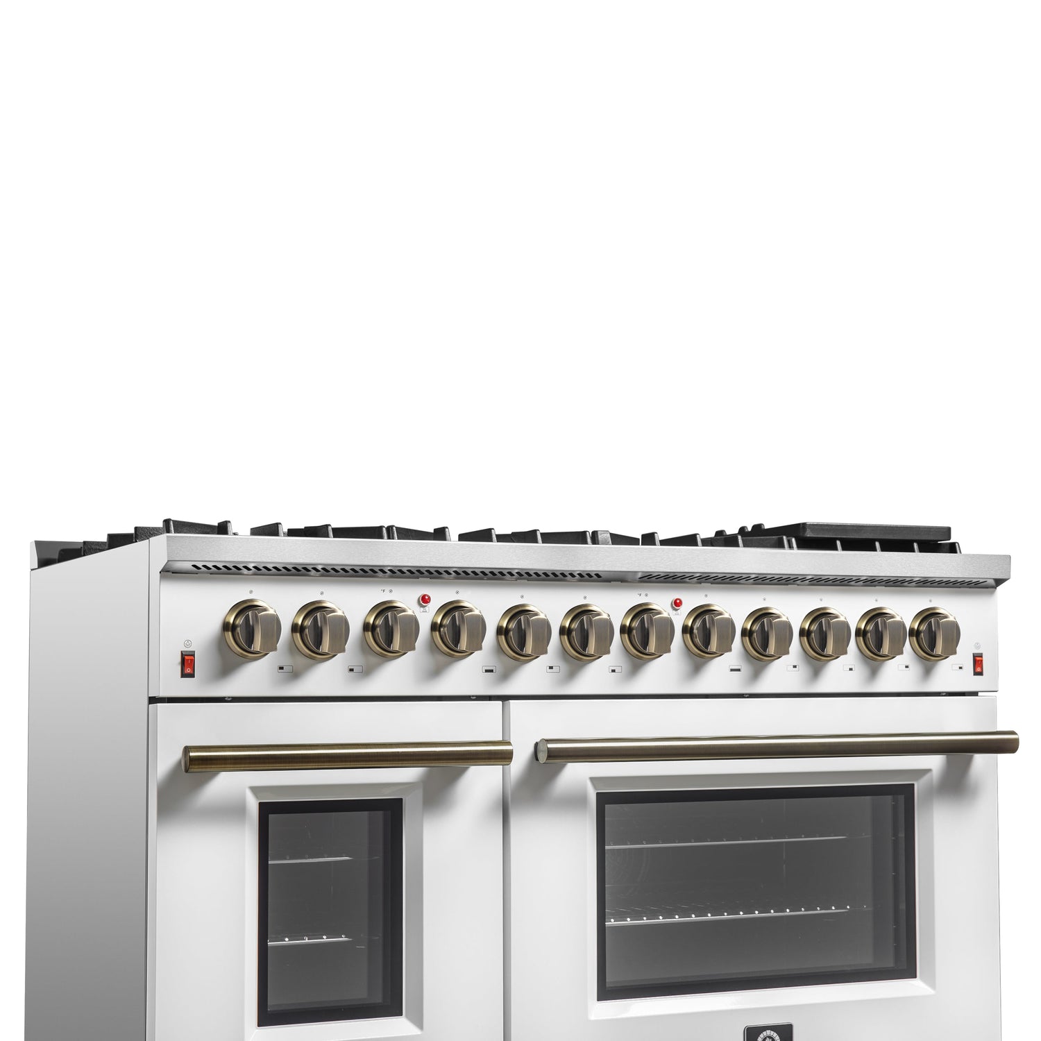 FORNO Galiano 48" 6.58 cu. ft. Dual Fuel Range with 8 Sealed Burners and Griddle in White with Antique Brass Accents, FFSGS6156-48WHT