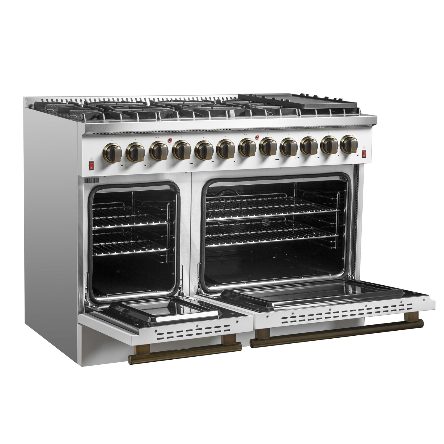 FORNO Galiano 48" 6.58 cu. ft. Dual Fuel Range with 8 Sealed Burners and Griddle in White with Antique Brass Accents, FFSGS6156-48WHT