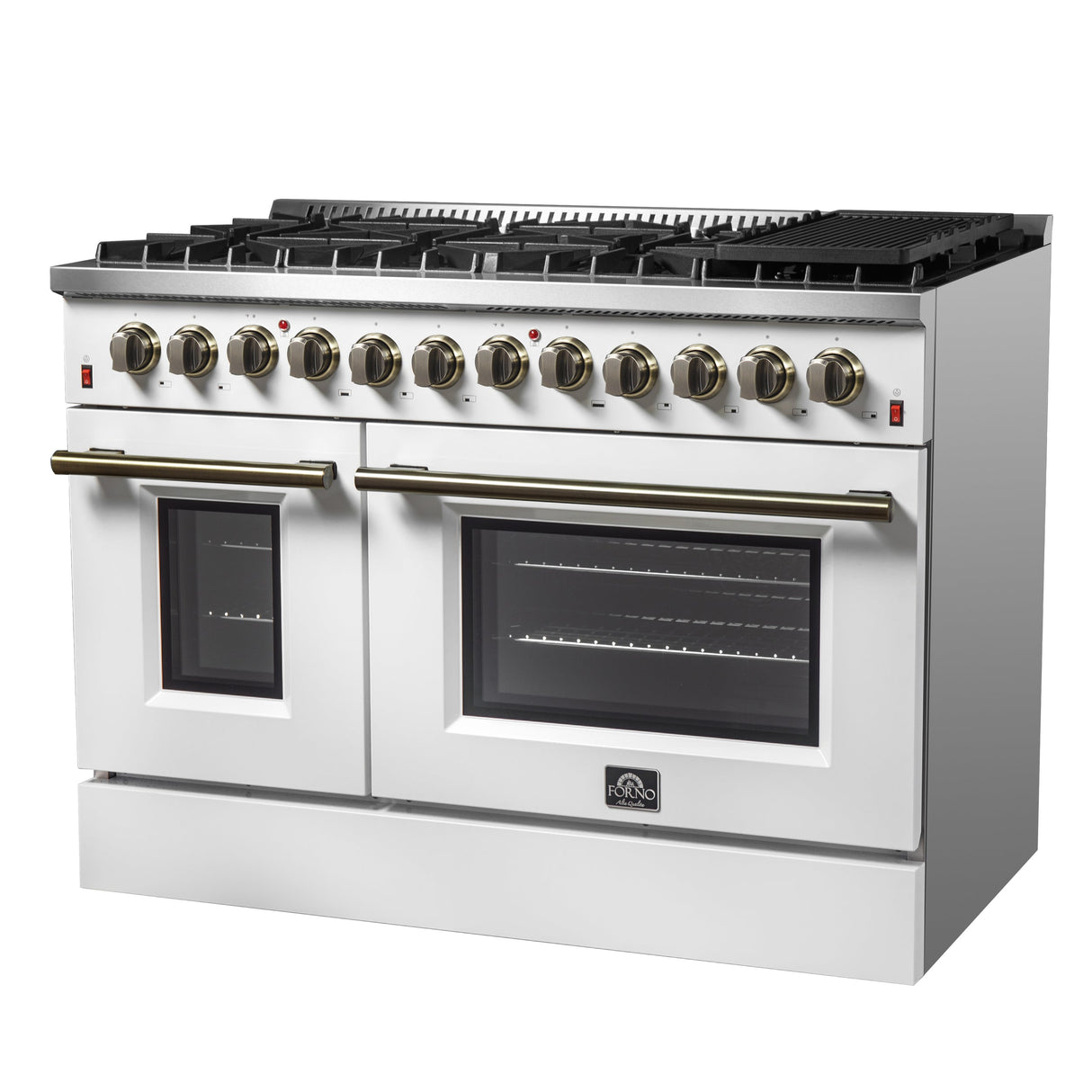 FORNO Galiano 48" 6.58 cu. ft. Dual Fuel Range with 8 Sealed Burners and Griddle in White with Antique Brass Accents, FFSGS6156-48WHT