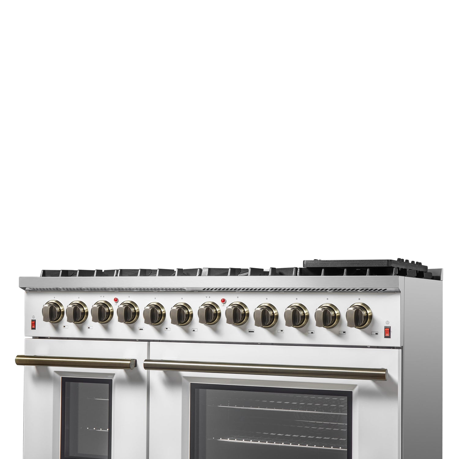 FORNO Galiano 48" 6.58 cu. ft. Dual Fuel Range with 8 Sealed Burners and Griddle in White with Antique Brass Accents, FFSGS6156-48WHT
