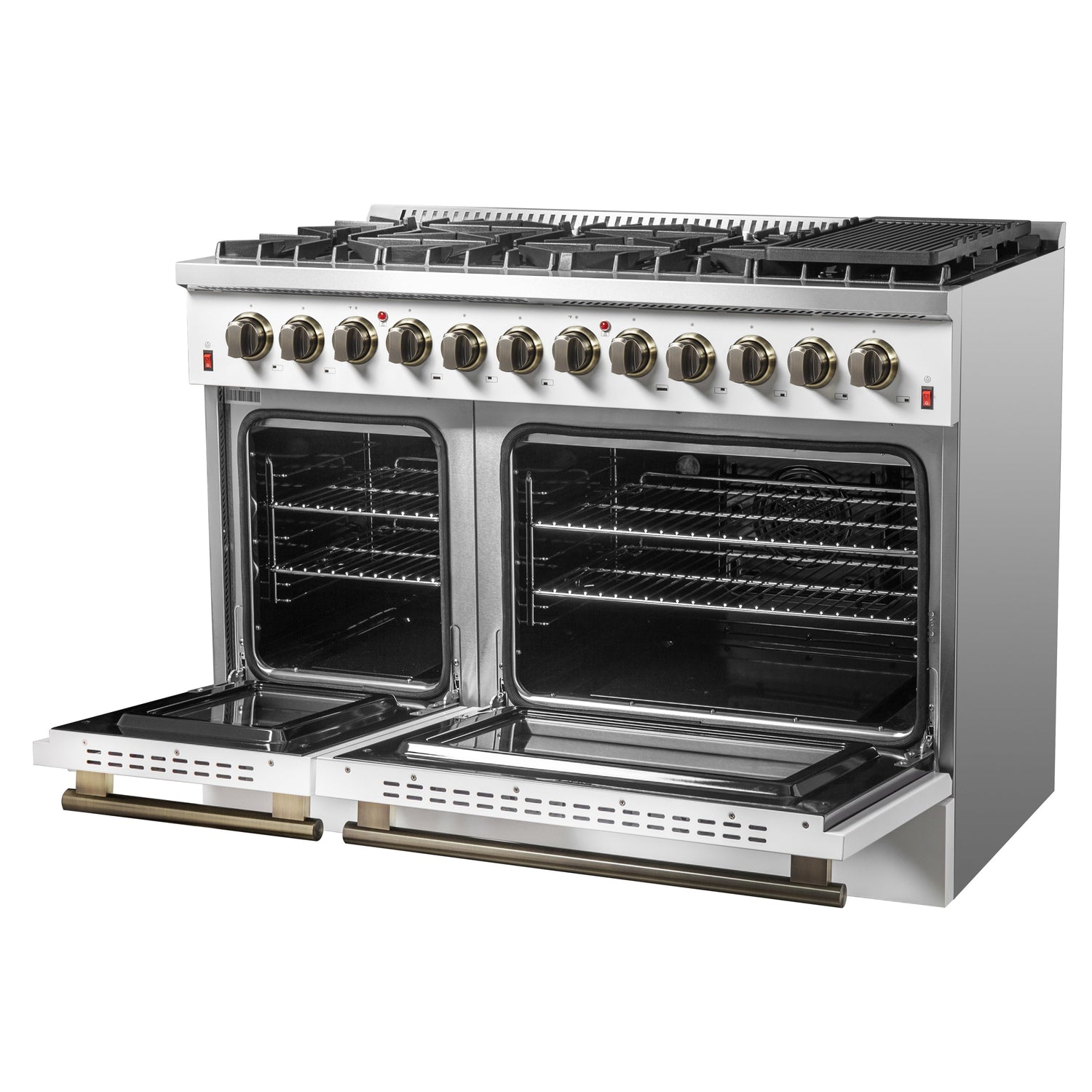 FORNO Galiano 48" 6.58 cu. ft. Dual Fuel Range with 8 Sealed Burners and Griddle in White with Antique Brass Accents, FFSGS6156-48WHT