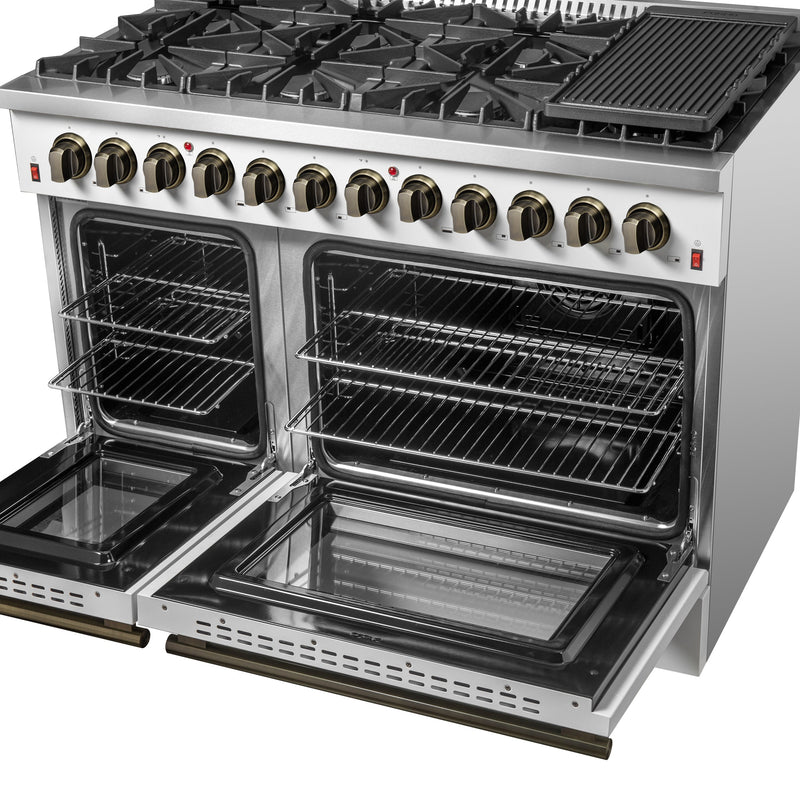 FORNO Galiano 48" 6.58 cu. ft. Dual Fuel Range with 8 Sealed Burners and Griddle in White with Antique Brass Accents, FFSGS6156-48WHT
