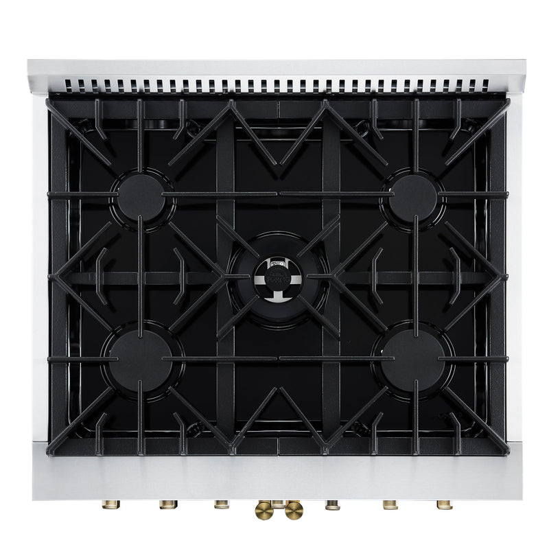 FORNO Galiano 30" 4.32 cu. ft. French Door Dual Fuel Range with 5 Sealed Burners in Black with Antique Brass Accents, FFSGS6356-30BLK