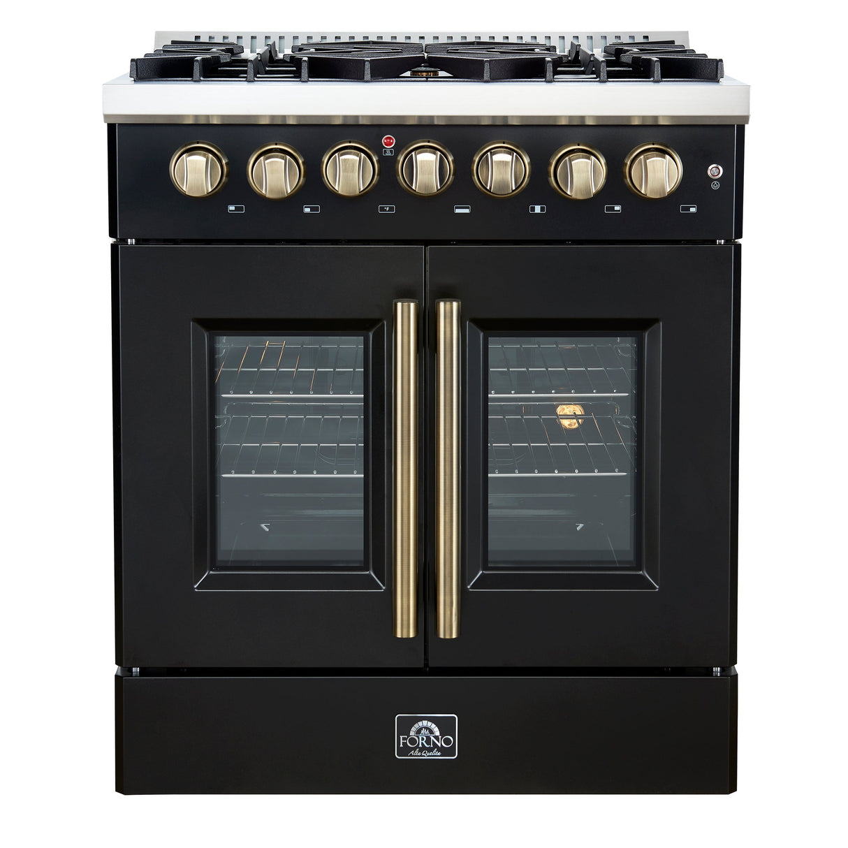 FORNO Galiano 30" 4.32 cu. ft. French Door Dual Fuel Range with 5 Sealed Burners in Black with Antique Brass Accents, FFSGS6356-30BLK