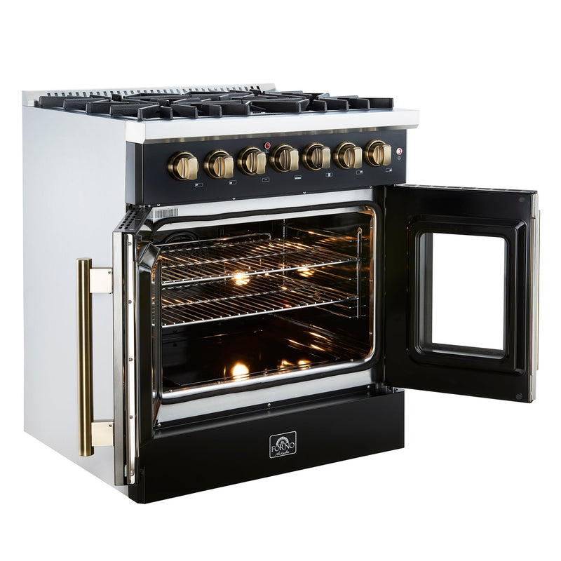 FORNO Galiano 30" 4.32 cu. ft. French Door Dual Fuel Range with 5 Sealed Burners in Black with Antique Brass Accents, FFSGS6356-30BLK