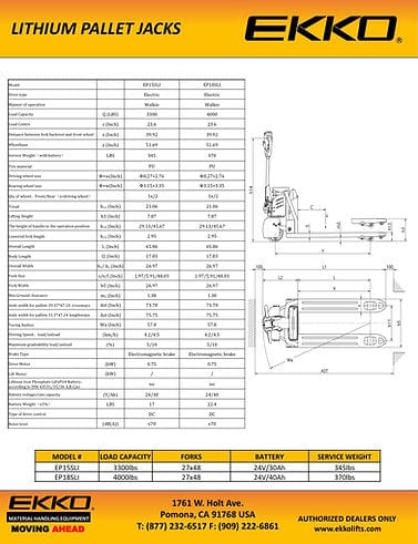 Ekko Lithium Iron Phosphate Electric Walkie Pallet Jack EP15SLI