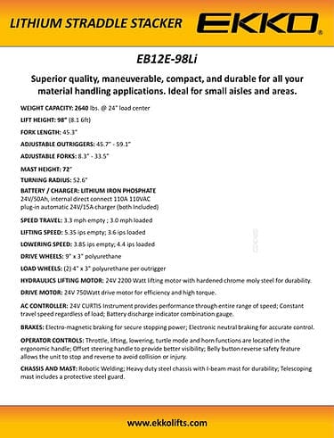 Ekko Lithium Iron Phosphate Straddle Stacker EB12E-98Li