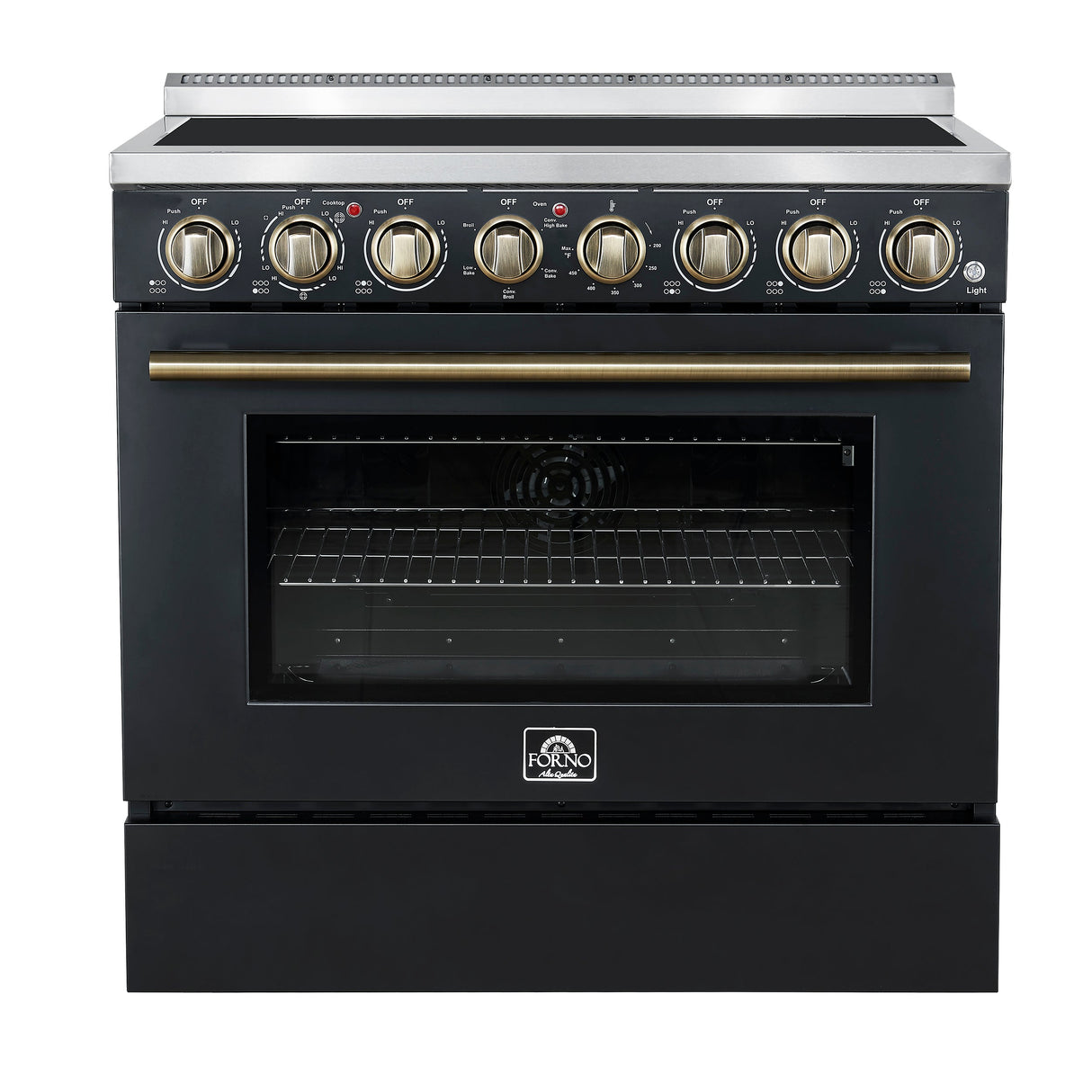 FORNO Paolo 36" 5.44 cu. ft. Freestanding Electric Range with True Convection Oven in Black with Antique Brass Accents, FFSEL6011-36BLK
