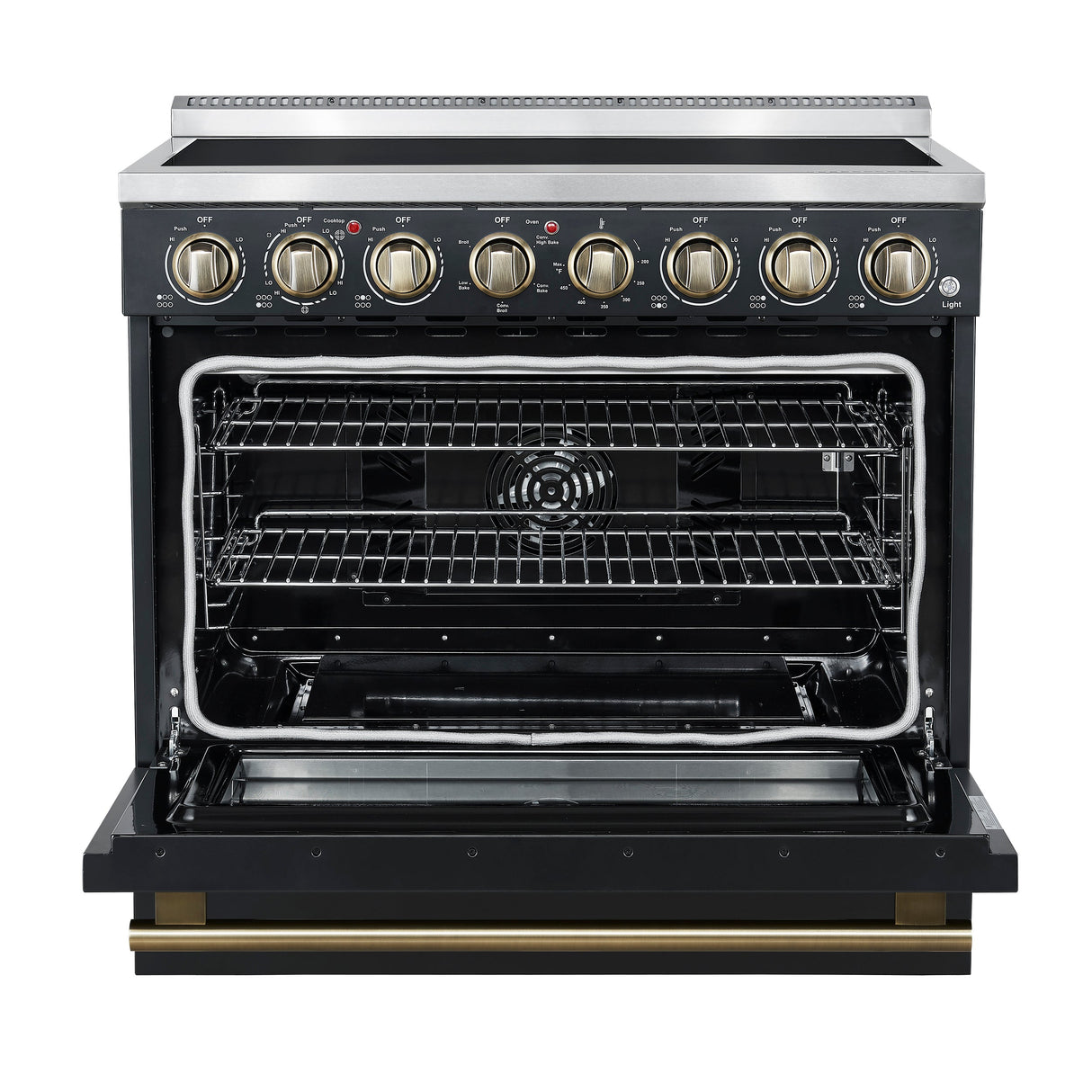 FORNO Paolo 36" 5.44 cu. ft. Freestanding Electric Range with True Convection Oven in Black with Antique Brass Accents, FFSEL6011-36BLK