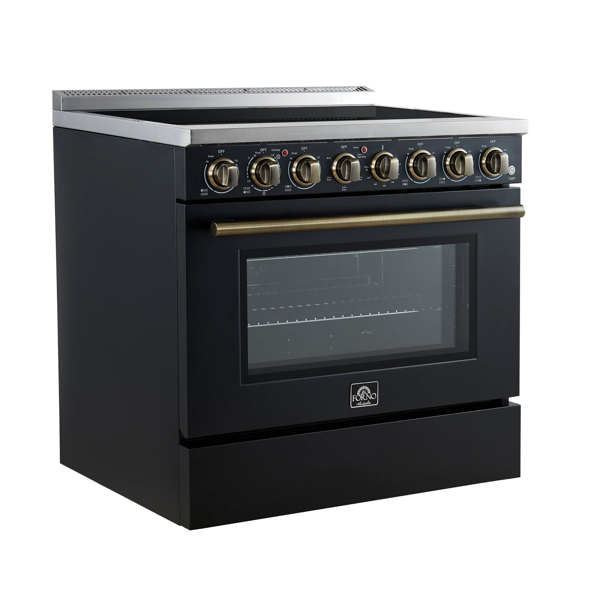 FORNO Paolo 36" 5.44 cu. ft. Freestanding Electric Range with True Convection Oven in Black with Antique Brass Accents, FFSEL6011-36BLK