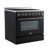 FORNO Paolo 36" 5.44 cu. ft. Freestanding Electric Range with True Convection Oven in Black with Antique Brass Accents, FFSEL6011-36BLK