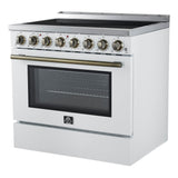 FORNO Paolo 36" 5.44 cu. ft. Freestanding Electric Range with True Convection Oven in White with Antique Brass Accents, FFSEL6011-36WHT