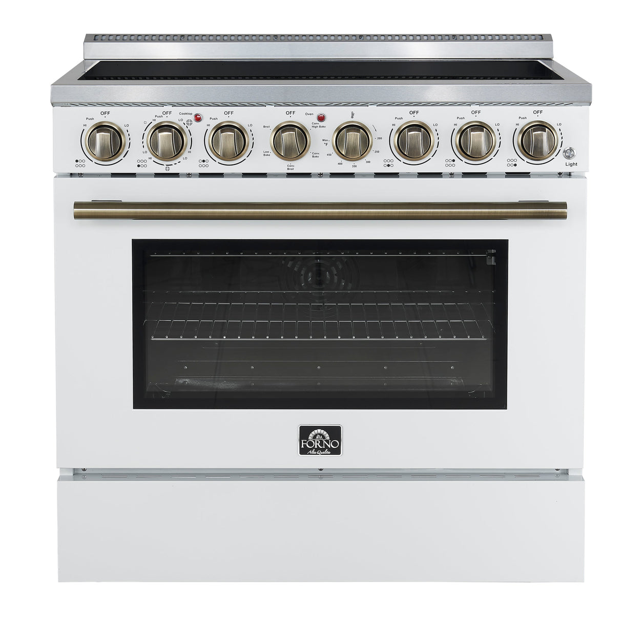 FORNO Paolo 36" 5.44 cu. ft. Freestanding Electric Range with True Convection Oven in White with Antique Brass Accents, FFSEL6011-36WHT