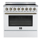 FORNO Paolo 36" 5.44 cu. ft. Freestanding Electric Range with True Convection Oven in White with Antique Brass Accents, FFSEL6011-36WHT