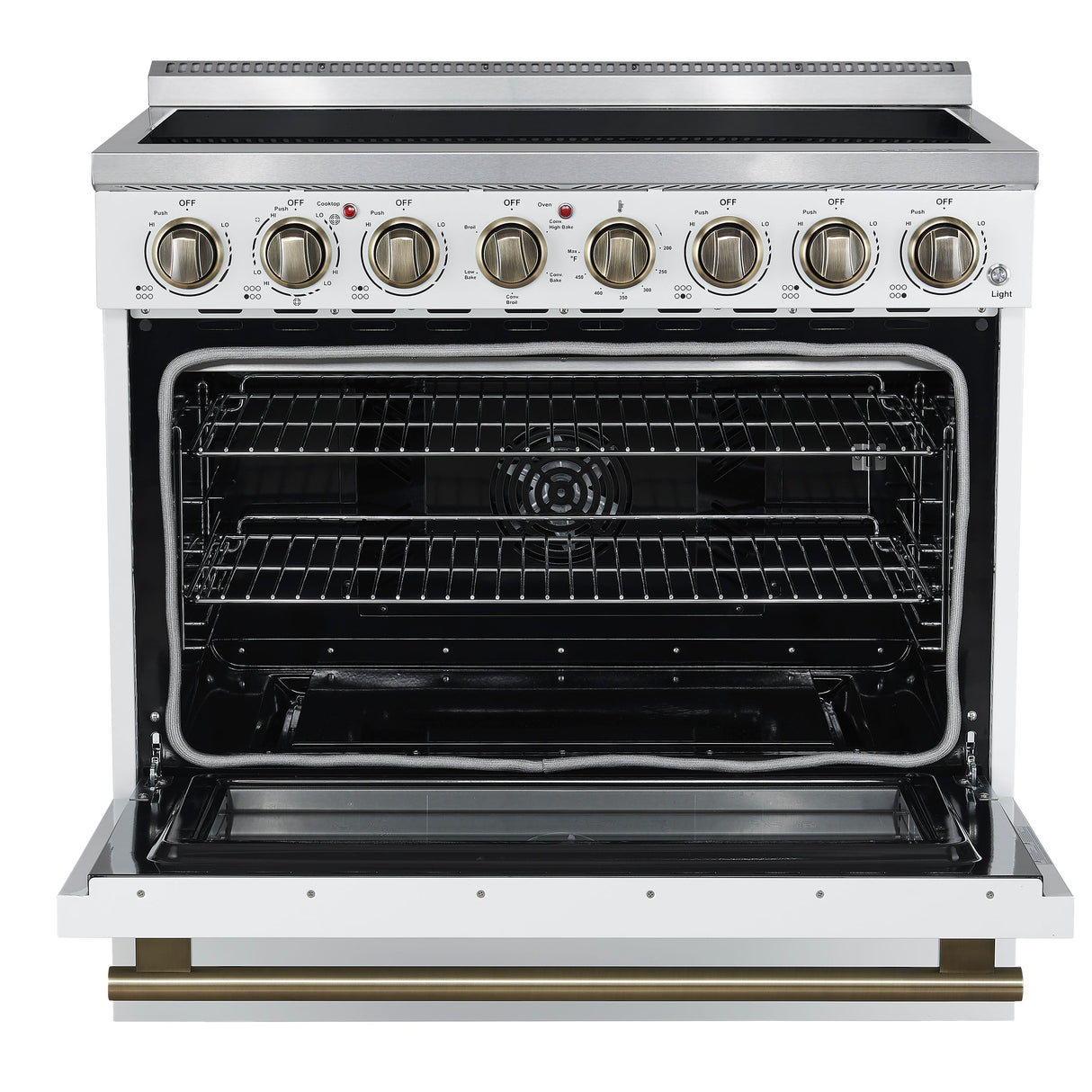 FORNO Paolo 36" 5.44 cu. ft. Freestanding Electric Range with True Convection Oven in White with Antique Brass Accents, FFSEL6011-36WHT