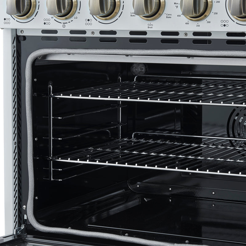 FORNO Paolo 36" 5.44 cu. ft. Freestanding Electric Range with True Convection Oven in White with Antique Brass Accents, FFSEL6011-36WHT