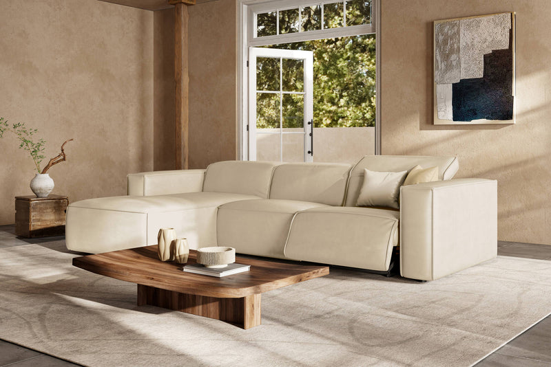 Valencia Emery Leather Sectional Sofa, Recliner Three Seats with Left Chaise, Beige