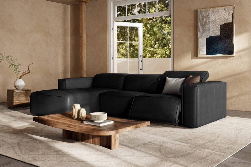 Valencia Emery Leather Sectional Sofa, Recliner Three Seats with Left Chaise, Black