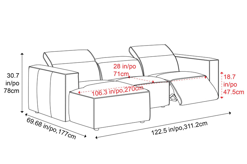 Valencia Emery Leather Sectional Sofa, Recliner Three Seats with Left Chaise, Black