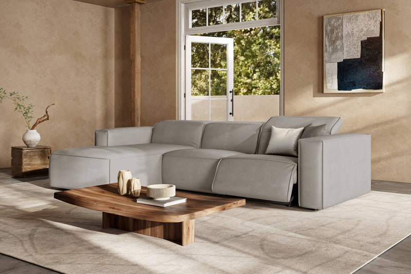 Valencia Emery Leather Sectional Sofa, Recliner Three Seats with Left Chaise, Light Grey