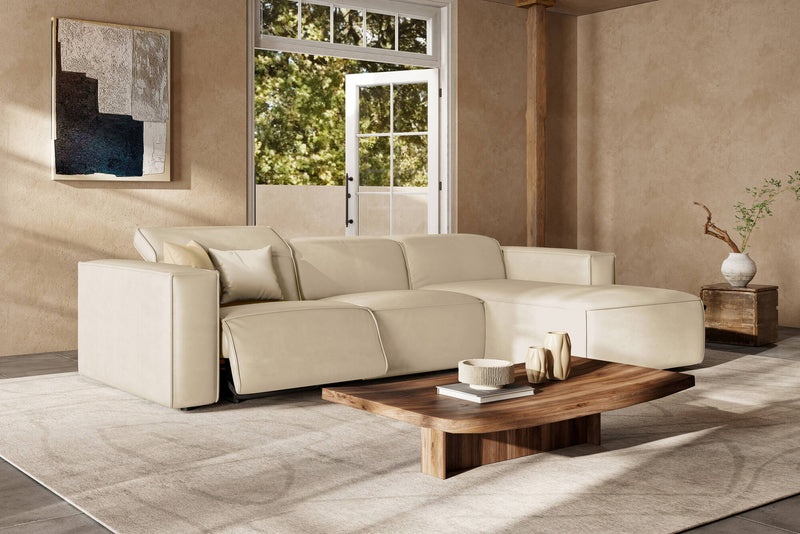 Valencia Emery Leather Sectional Sofa, Recliner Three Seats with Right Chaise, Beige