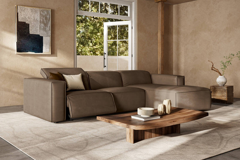 Valencia Emery Leather Sectional Sofa, Recliner Three Seats with Right Chaise, Brown