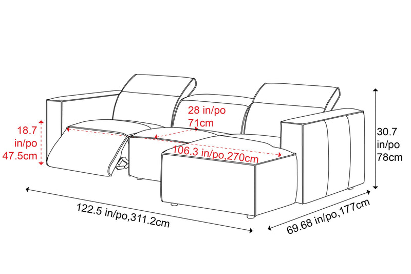 Valencia Emery Leather Sectional Sofa, Recliner Three Seats with Right Chaise, Beige