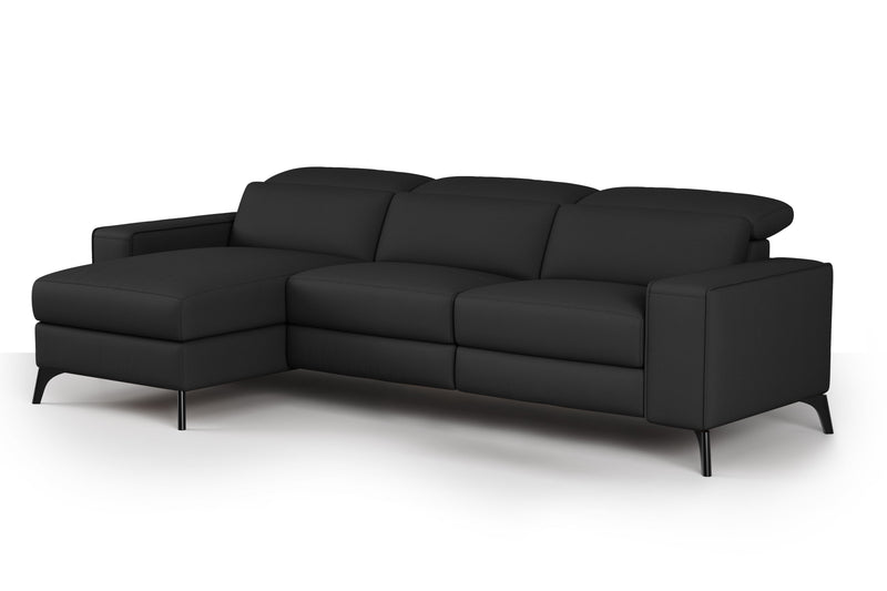 Valencia Esther Top Grain Leather Sofa, Three Seats with Left Chaise, Black