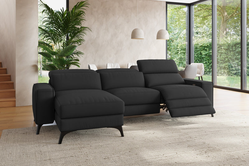 Valencia Esther Top Grain Leather Sofa, Three Seats with Left Chaise, Black