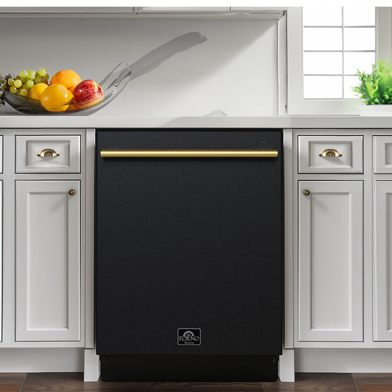 FORNO Espresso Romano 24" Built-In Tall Tub Dishwasher in Black with Antique Brass Handles, FDWBI8035-24BLK